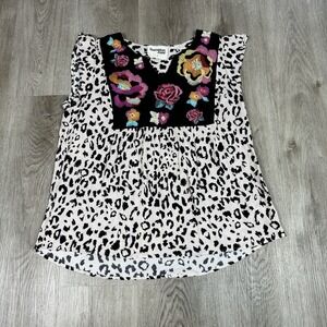 Savanna Jane Leopard Print Embroidered Floral Top Sleeveless L